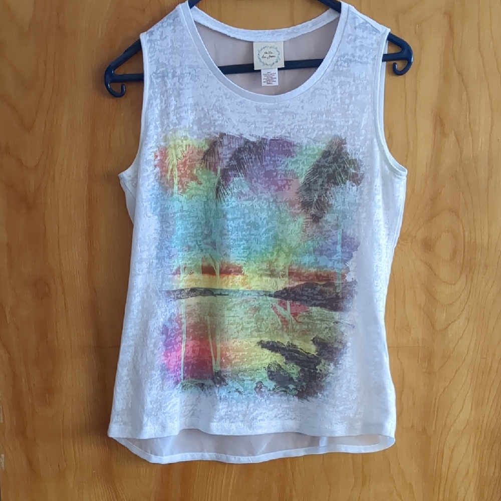 Belle Du Jour White Tank Top with Tropical Print